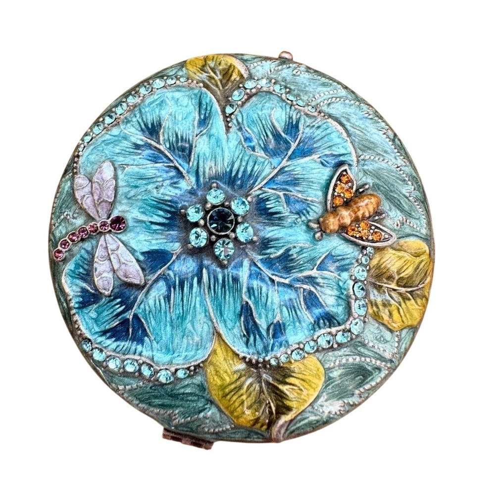 Vintage Ruccini‎ Trinket Box Jeweled Enamel Dragonfly Floral Rhinestone Round